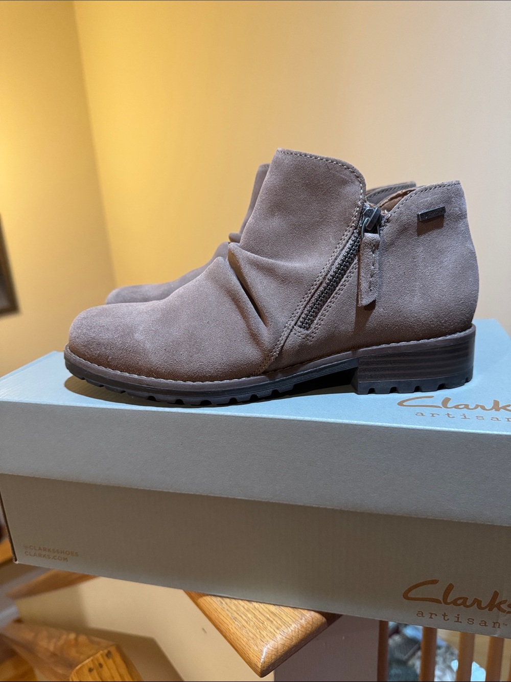 Clarks Taupe Suede Side-Zip Ankle Booties New !